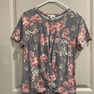 Moa Moa Pink and Gray Floral Knot-Front Tee